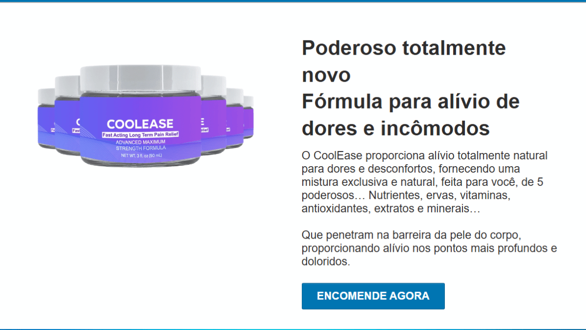 Imagem de potes do produto CoolEase dispostos em linha, destacando sua fórmula avançada para alívio de dores, com um botão azul incentivando o pedido.