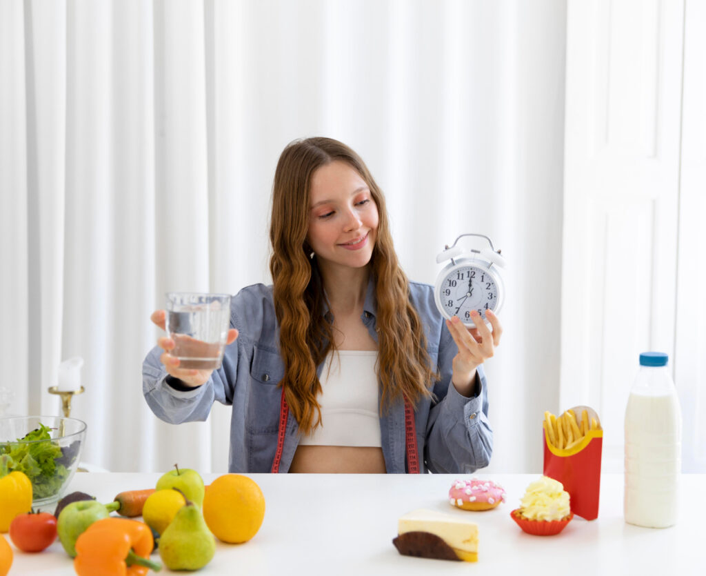 Mulher segurando um copo de água e um despertador, sentada em uma mesa com alimentos saudáveis e junk food, simbolizando escolhas alimentares e jejum intermitente.