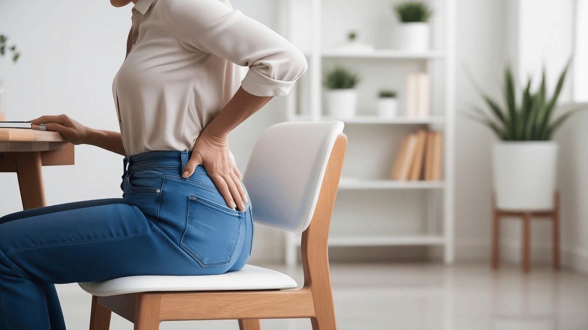 Mulher sentada em uma cadeira segurando a região lombar, demonstrando desconforto ou dor nas costas, em um ambiente interno com decoração minimalista.