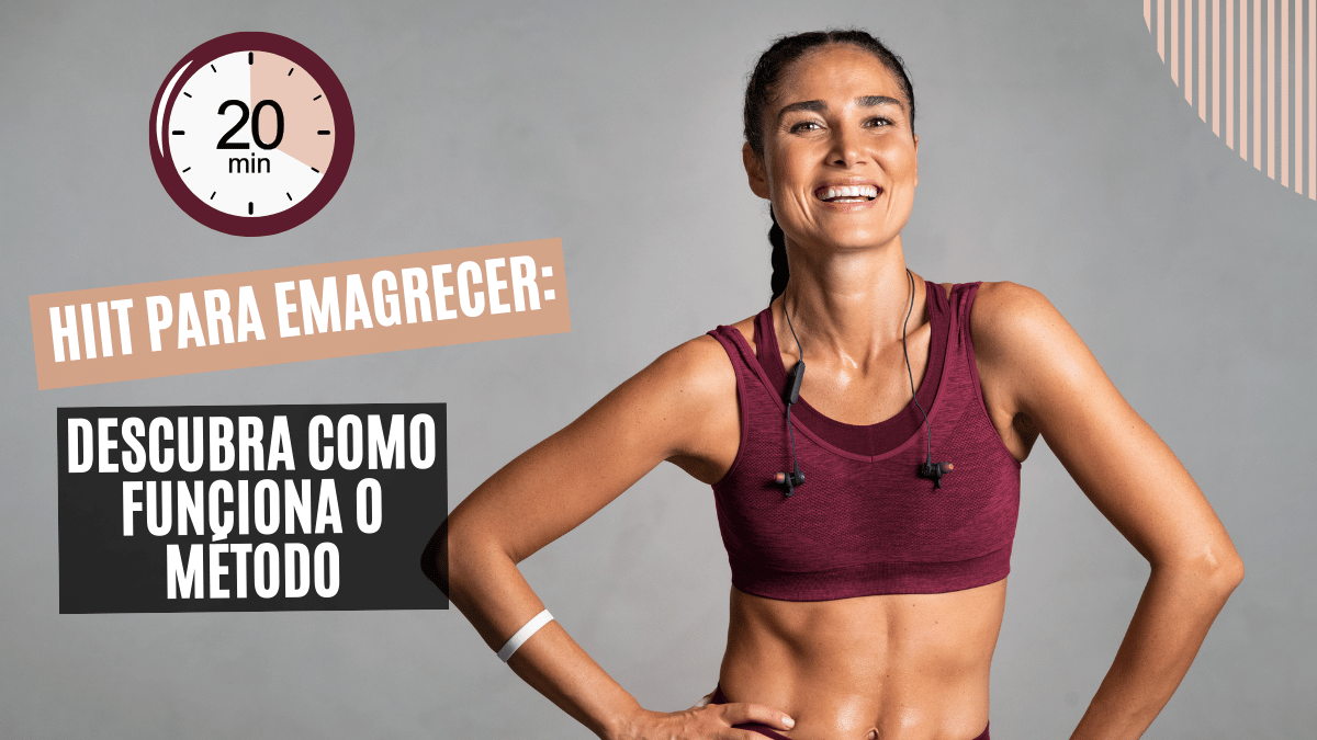 Mulher atlética sorrindo após um treino HIIT, representando saúde e bem-estar, com um relógio indicando um treino de 20 minutos e os dizeres "HIIT para emagrecer: descubra como funciona o método