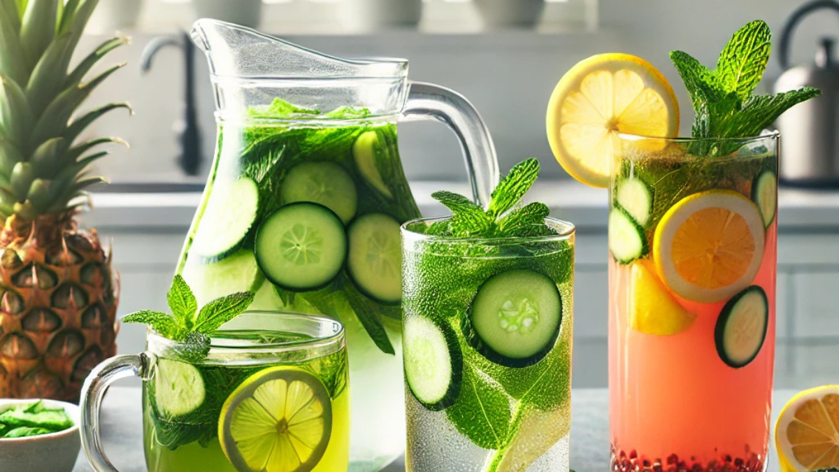 Imagem de três bebidas saudáveis para emagrecer, incluindo chá verde com limão e gengibre, água de pepino com hortelã e limão, e suco detox de abacaxi com couve e hibisco. Cada bebida está decorada com ingredientes frescos em um ambiente iluminado e vibrante.