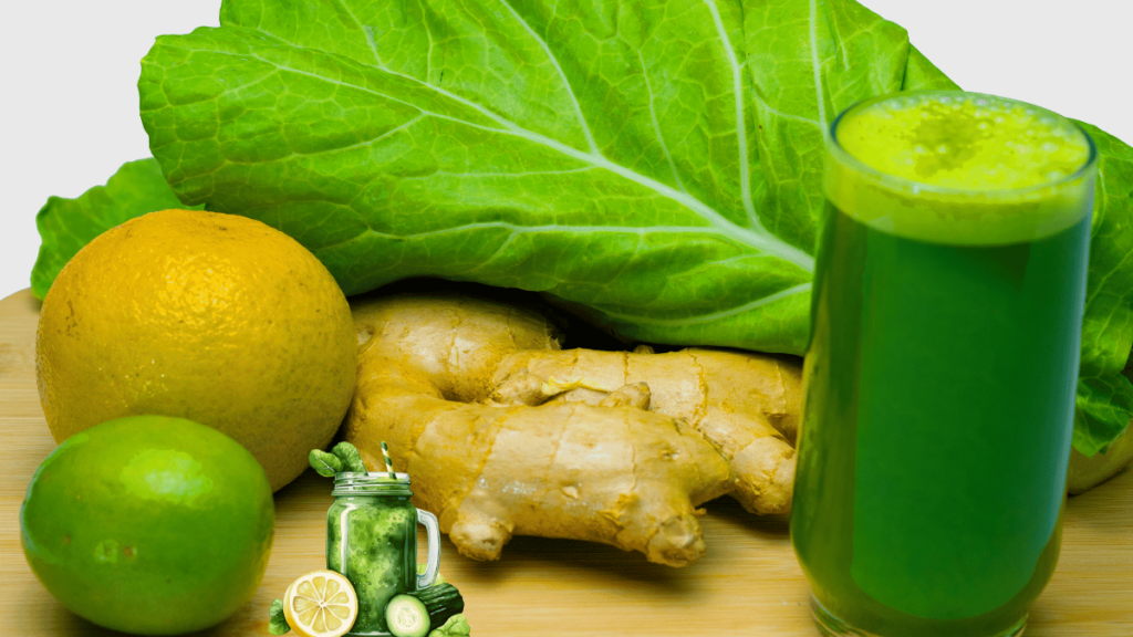 Uma imagem vibrante de ingredientes naturais: couve, gengibre, limão e laranja, ao lado de um copo de suco detox verde. O cenário destaca o frescor e a saúde.