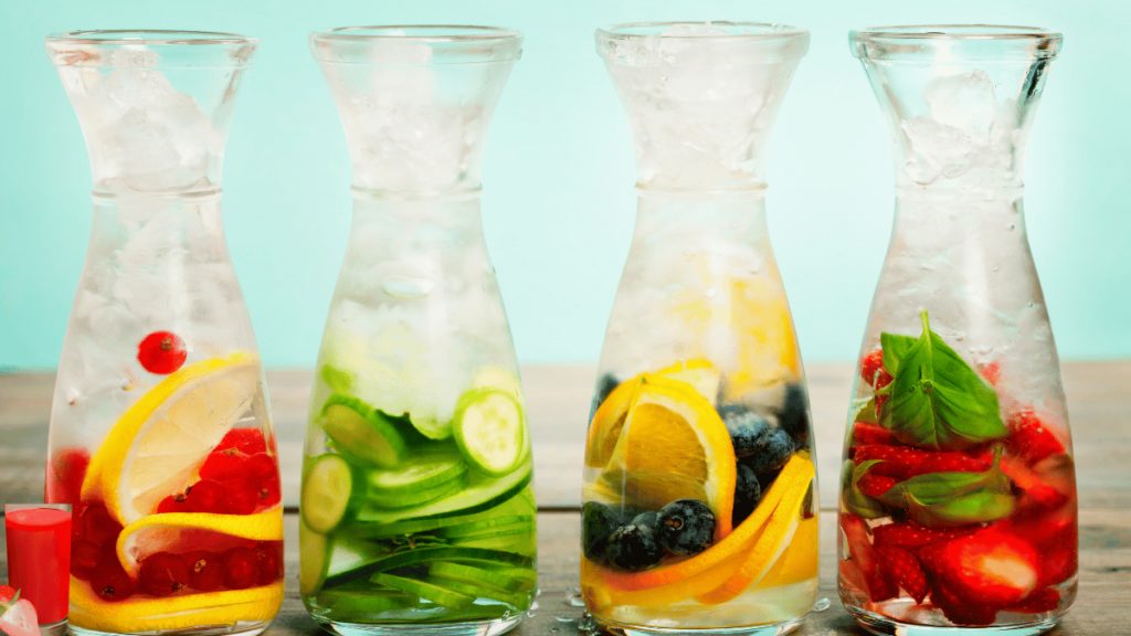 Uma seleção colorida de águas aromatizadas, preparadas com frutas frescas, ervas e gelo, para uma hidratação refrescante e cheia de benefícios à saúde.