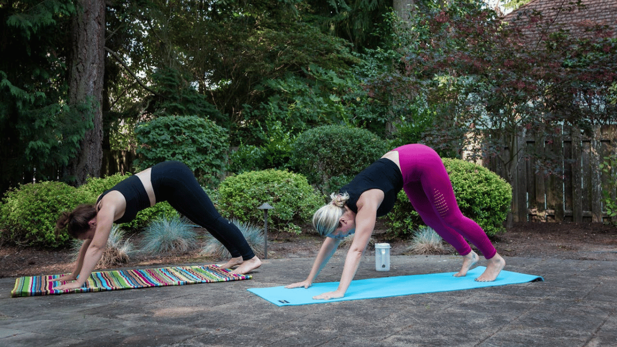 Duas mulheres praticando exercícios ao ar livre em um ambiente cercado por árvores e plantas, utilizando tapetes de yoga para exercícios funcionais e alongamentos.