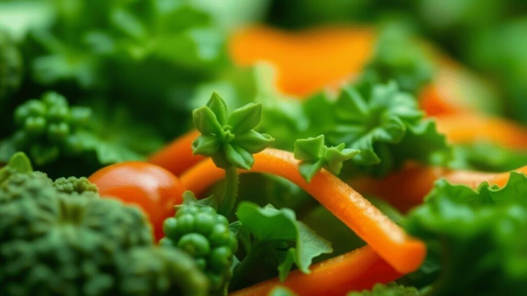 Um close detalhado de folhas verdes e pimentões laranja frescos, representando ingredientes saudáveis e naturais para uma dieta equilibrada.