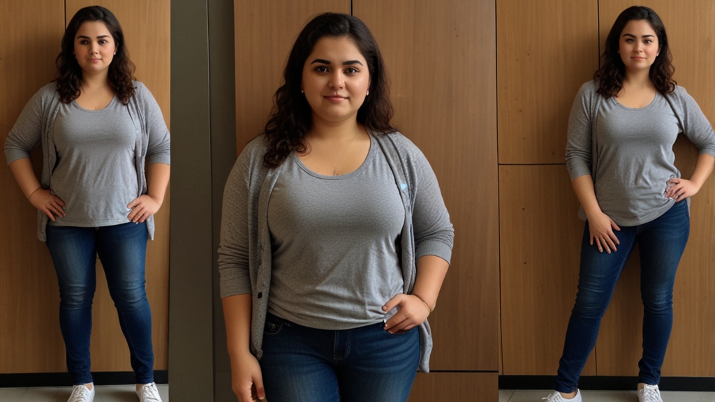 Montagem com três fotos de uma jovem mulher de cabelos cacheados, vestindo uma blusa cinza, cardigan leve e jeans azul. Ela posa em diferentes ângulos, transmitindo confiança e estilo.