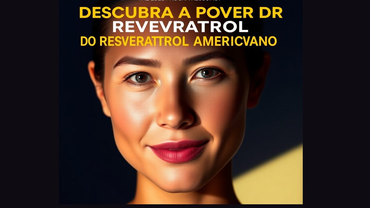 Close-up de uma mulher jovem com pele perfeita, usando batom vermelho, com texto amarelo que diz "Descubra o poder do Resveratrol Americano" em um fundo escuro.