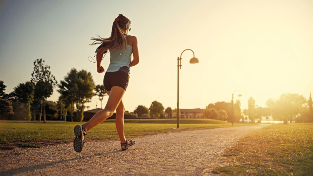 Mulher correndo ao ar livre em um caminho com luz suave do sol ao fundo, usando fones de ouvido e roupas esportivas.