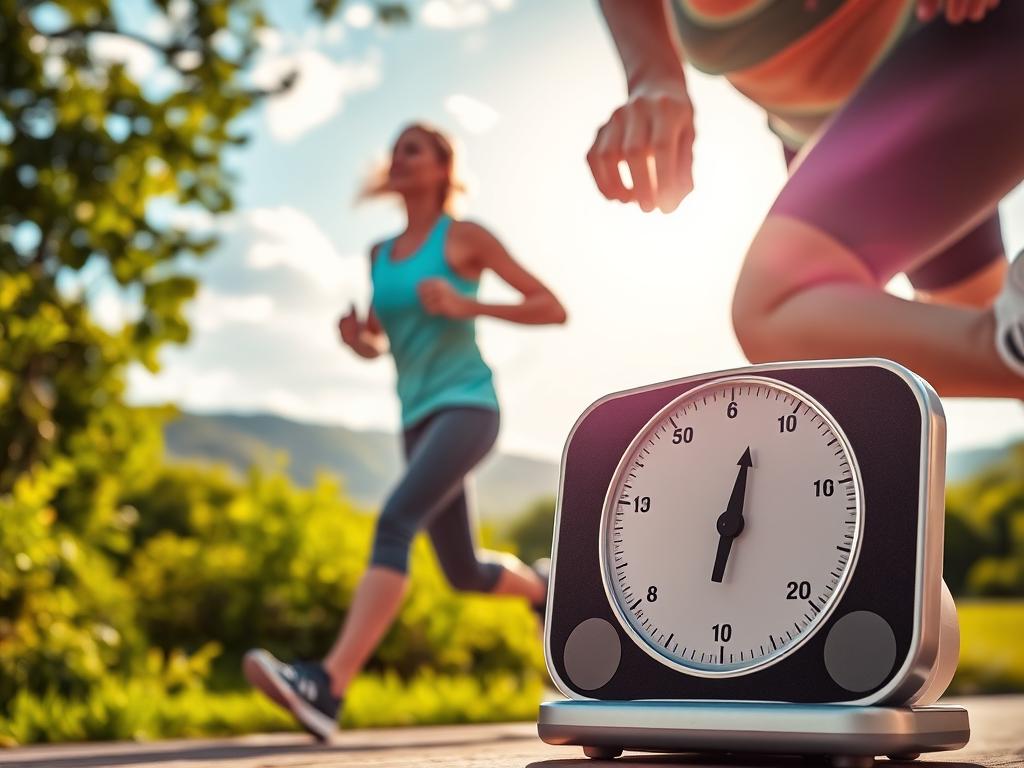 A imagem captura um momento energizante de uma corrida ao ar livre, com uma mulher correndo em direção à liberdade e ao bem-estar. Em primeiro plano, um relógio de contagem regressiva simboliza o tempo e a dedicação, enquanto a corrida no fundo reflete o compromisso com a saúde e a superação pessoal. O cenário ao redor é natural, com montanhas e céu aberto, transmitindo uma sensação de liberdade e motivação para atingir os objetivos. A combinação de movimento e foco no tempo reforça a importância da consistência e do esforço na jornada de emagrecimento.