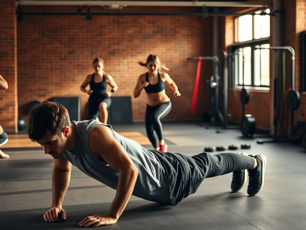 A imagem mostra uma cena intensa de treino em grupo em uma academia. Um homem está realizando flexões no chão, focado e determinado, enquanto ao fundo, duas mulheres estão correndo em ritmo acelerado, evidenciando a energia e o esforço que o treino exige. O ambiente é moderno e bem iluminado, com equipamentos de treino como pesos e cordas, prontos para serem utilizados. A imagem transmite um forte senso de motivação, onde o trabalho individual e coletivo se unem para alcançar o objetivo de melhorar a saúde e o condicionamento físico.