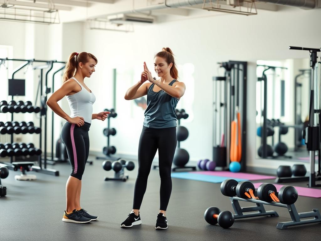 A imagem captura duas mulheres em uma academia, uma delas demonstrando um movimento de treino enquanto a outra observa atentamente. Ambas estão vestindo roupas de treino confortáveis e parecem motivadas, criando uma atmosfera de companheirismo e incentivo. O ambiente é bem iluminado, com equipamentos de musculação ao fundo, como pesos e bolas de exercício, que destacam o foco em atividades físicas para melhorar o condicionamento e a saúde. A interação entre as duas transmite a importância do apoio mútuo durante o processo de treinamento, criando uma dinâmica positiva de aprendizado e crescimento.