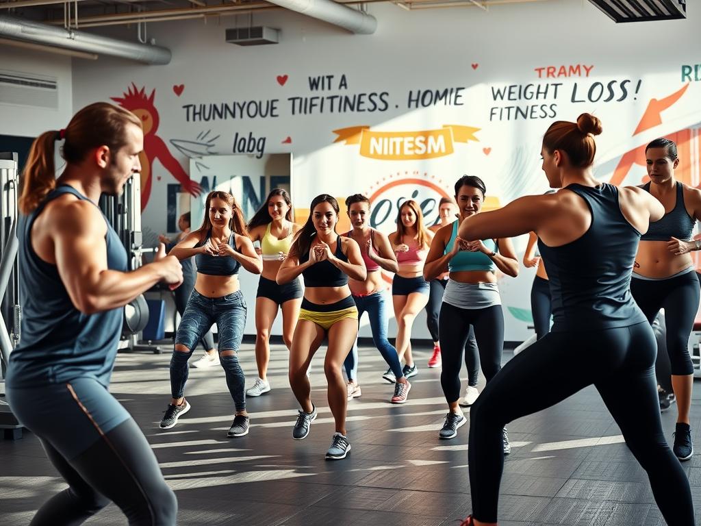 A imagem mostra um grupo de pessoas participando de uma aula animada de treino em grupo. Um instrutor lidera a atividade, orientando os participantes em movimentos energéticos e coordenados. A atmosfera é de motivação e entusiasmo, com todos focados em alcançar seus objetivos de fitness. O ambiente é moderno, com um mural motivacional na parede que reforça o tema de "perda de peso" e "fitness". O trabalho em equipe e o esforço coletivo tornam a experiência mais agradável e envolvente, demonstrando que o exercício pode ser uma jornada divertida e cheia de apoio mútuo.