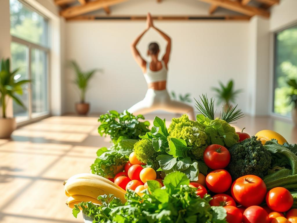 A imagem mostra uma combinação harmoniosa de saúde física e alimentação saudável. Em primeiro plano, uma bela cesta de frutas e vegetais frescos, como tomates, bananas e brócolis, simboliza a importância de uma dieta equilibrada. Ao fundo, uma pessoa pratica yoga em um ambiente tranquilo e bem iluminado, destacando a conexão entre corpo e mente. O cenário transmite uma sensação de bem-estar, onde a prática de exercícios físicos e a alimentação saudável trabalham juntas para promover uma vida mais equilibrada e saudável.