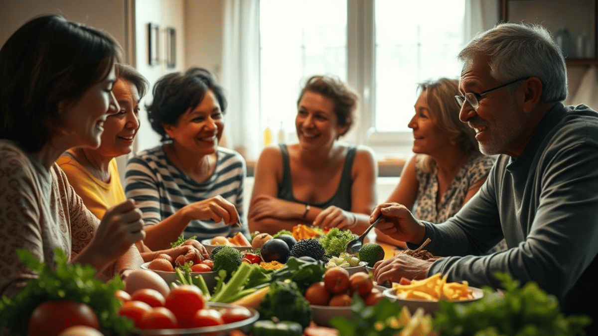 Um grupo de seis pessoas, incluindo homens e mulheres de diferentes idades, compartilhando uma refeição saudável com alimentos frescos, como frutas, vegetais e saladas, em uma mesa de cozinha iluminada.