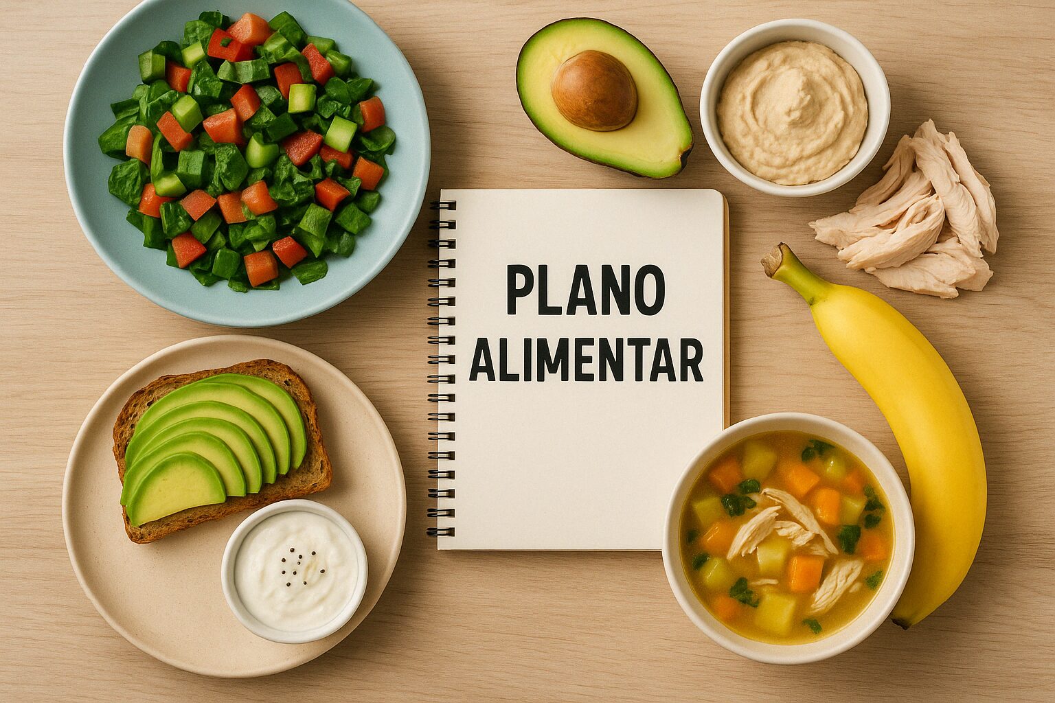 Alimentos saudáveis como vegetais, ovos, frutas e grãos representando um plano alimentar para perder barriga.