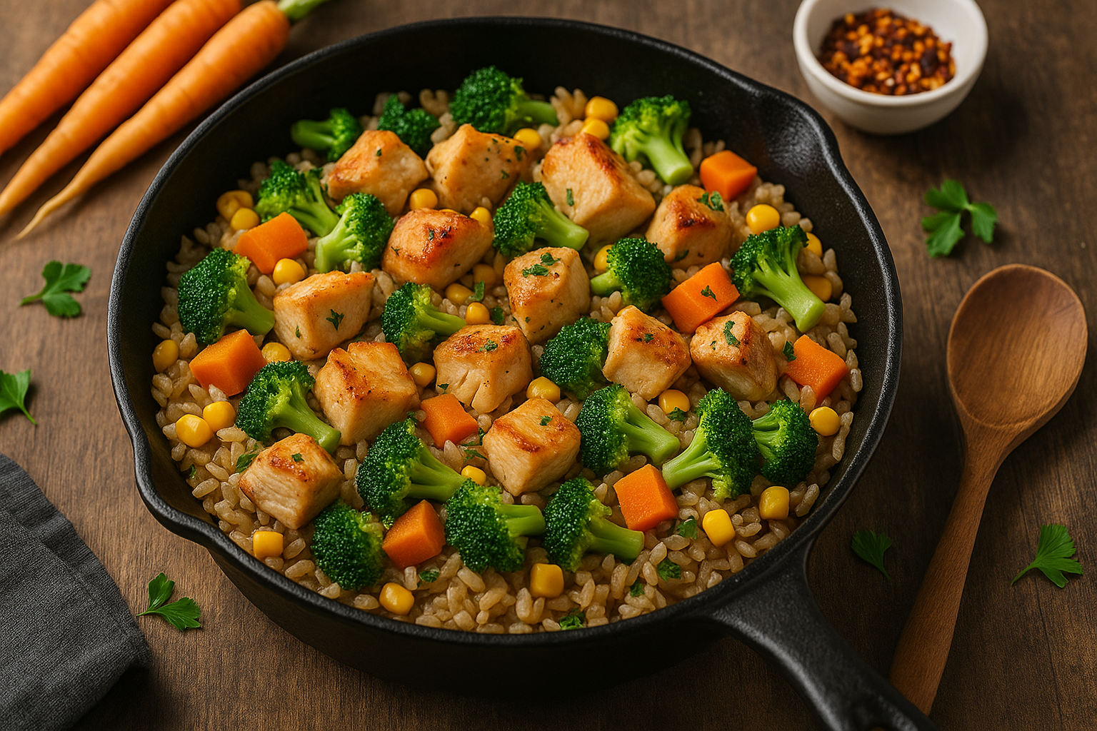 Panela de ferro com arroz integral, cubos de frango grelhado, cenoura, brócolis e milho cozidos — refeição completa feita em uma única panela, ideal para quem busca praticidade e nutrição.
