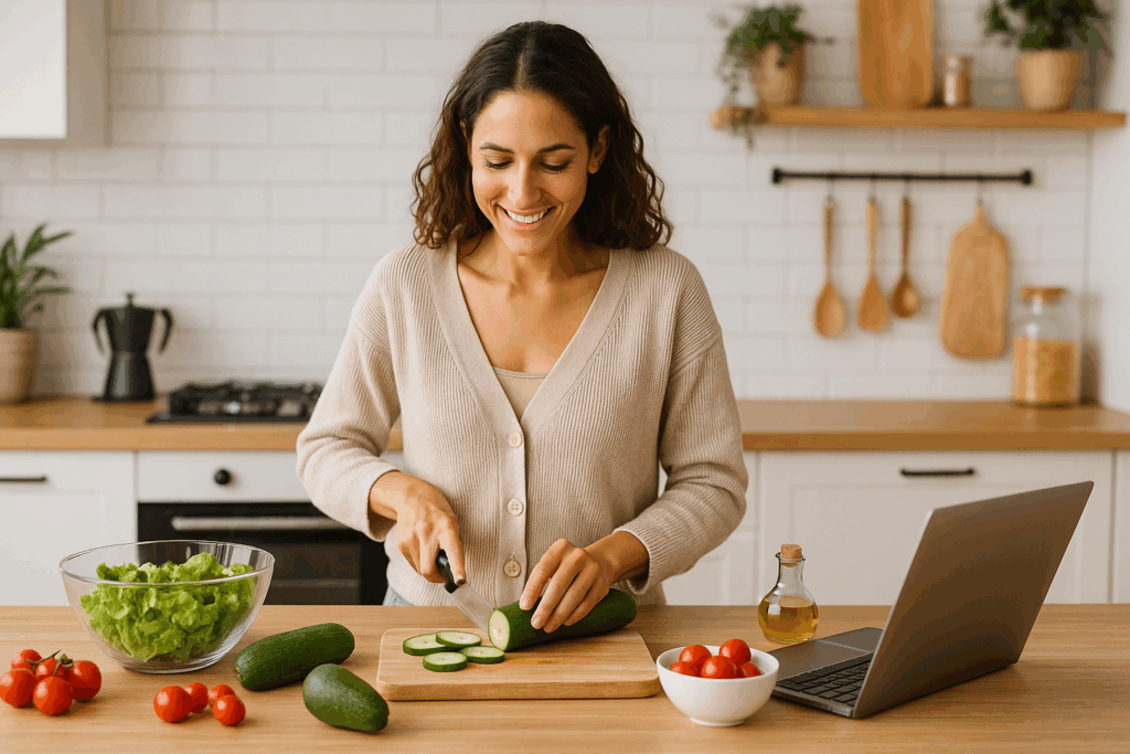 Mulher sorridente preparando uma salada saudável em uma cozinha moderna, com ingredientes frescos e notebook ao lado