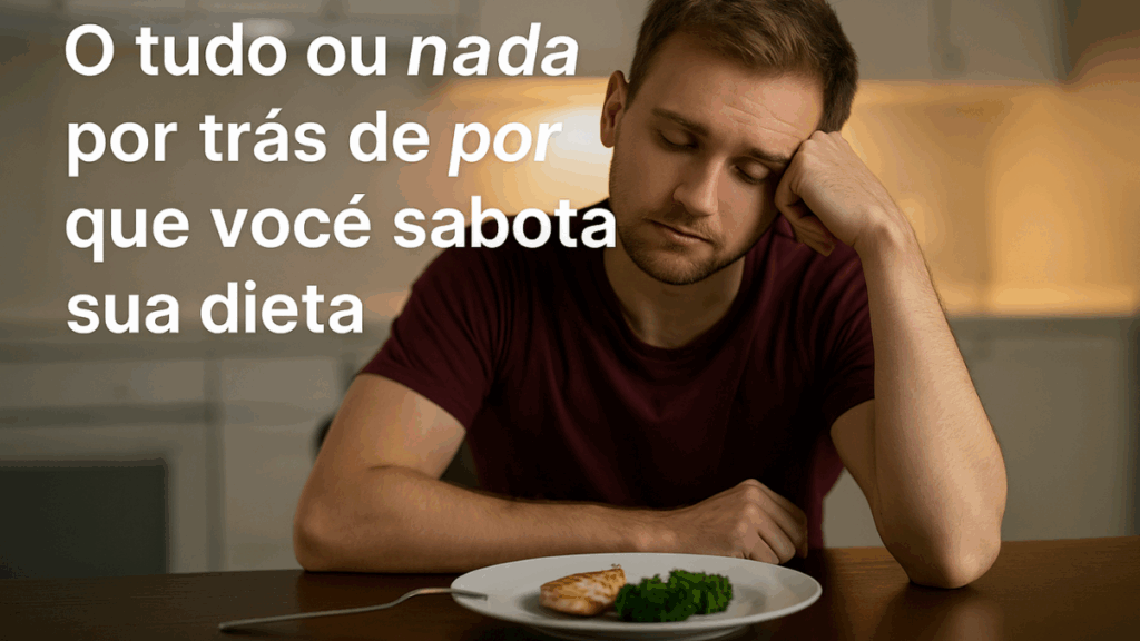 Homem pensativo diante de um prato com frango e brócolis, representando o dilema tudo ou nada ao tentar seguir a dieta