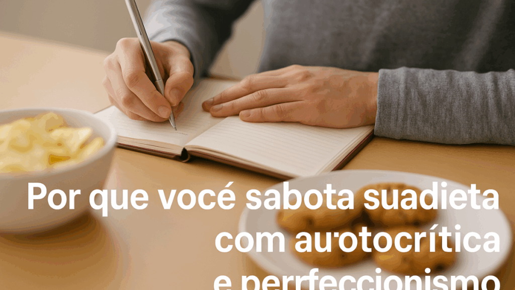 Pessoa escrevendo em diário diante de batatas e cookies, representando a autocrítica que leva à sabotagem da dieta