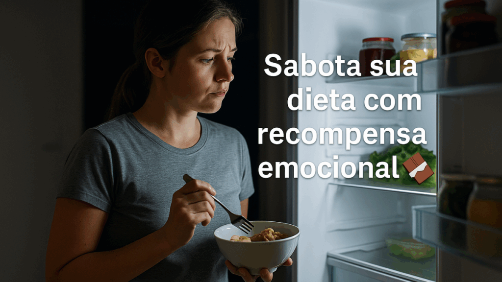 Mulher diante da geladeira aberta segurando comida, representando a sabotagem da dieta por recompensa emocional