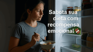 Mulher diante da geladeira aberta segurando comida, representando a sabotagem da dieta por recompensa emocional