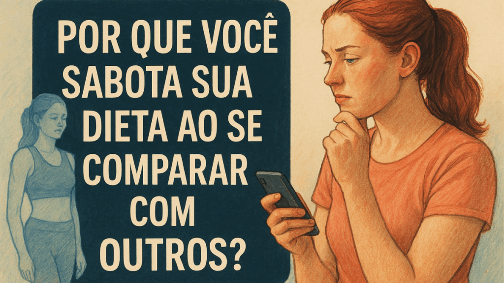 Mulher olhando o celular com expressão séria enquanto vê outra figura ao fundo, simbolizando a sabotagem da dieta por comparação