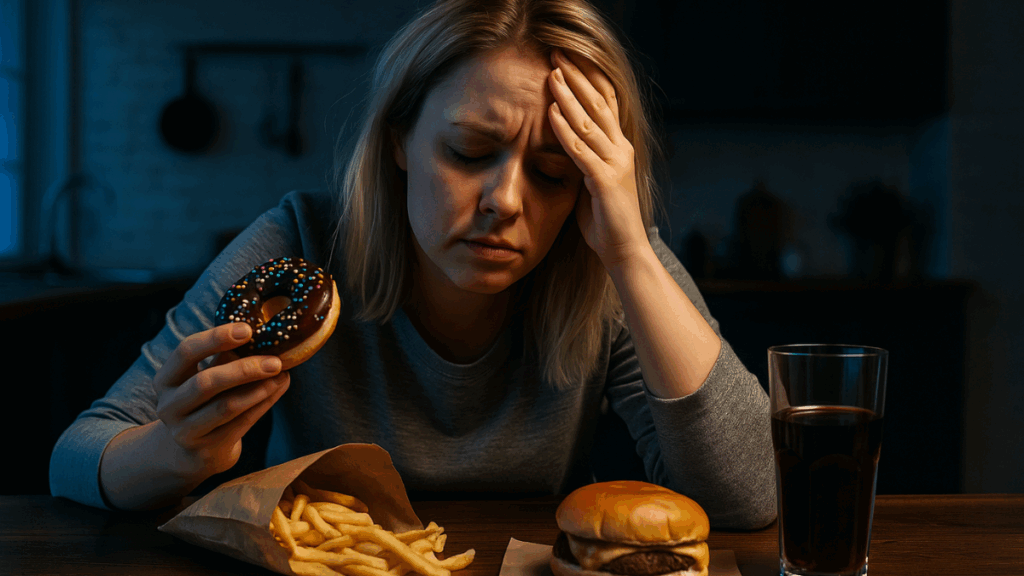 Mulher sentada à mesa à noite, com expressão de arrependimento enquanto segura um donut e encara uma refeição pesada com batatas fritas e hambúrguer.
