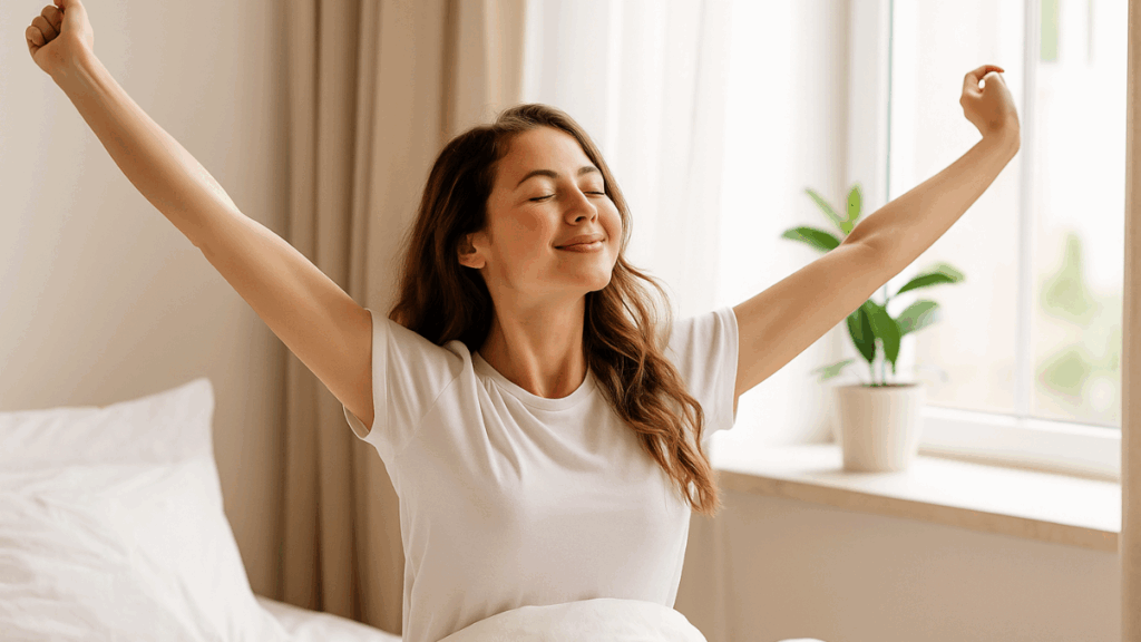 Mulher sorrindo e se espreguiçando ao acordar, sentada na cama com luz natural ao fundo, simbolizando bem-estar após uma boa noite de sono.