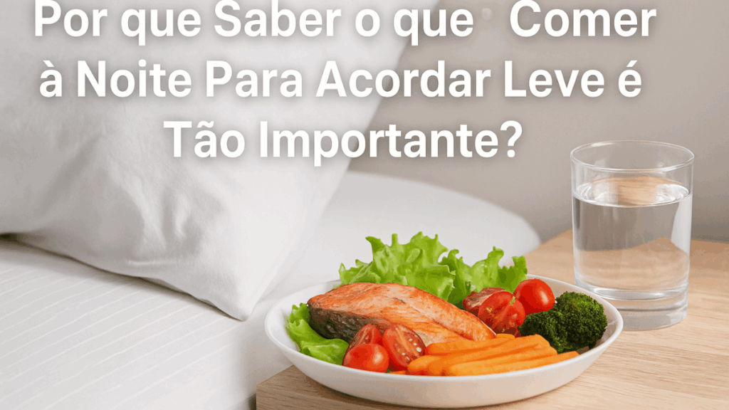 Prato leve com salmão, vegetais e copo de água ao lado da cama, representando a importância de escolher o que comer antes de dormir.