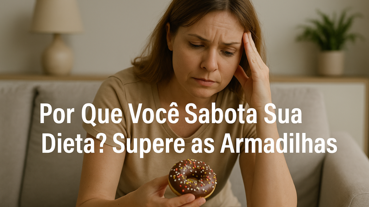 Mulher pensativa segurando um donut, simbolizando por que você sabota sua dieta