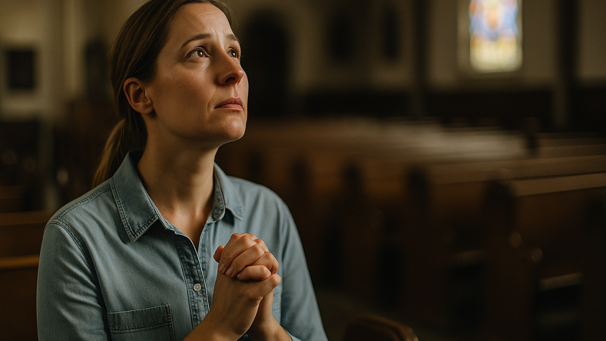 Mulher orando em silêncio em uma igreja vazia, à noite, com expressão de reflexão e serenidade