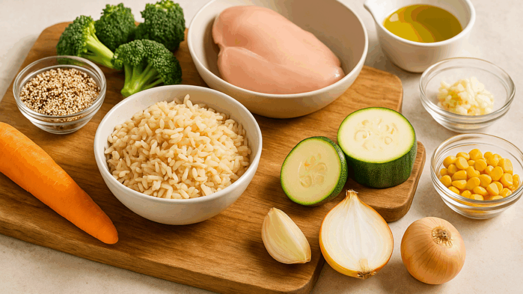 Ingredientes crus organizados sobre uma tábua de madeira — arroz, frango, vegetais e azeite para preparar refeições de uma panela só com toque caseiro e saudável xiao.refeições de uma panela só