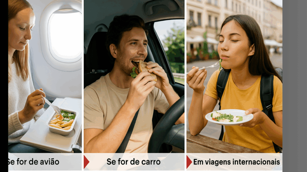  Mulher viajando de carro, avião e a pé com lanche saudável na mochila, simbolizando a adaptação da alimentação em diferentes roteiros.