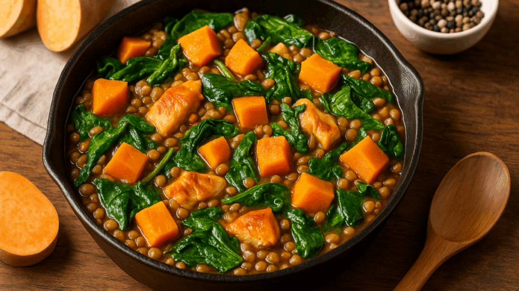 Lentilha cozida com cubos de batata-doce e folhas de espinafre em uma única panela rústica — exemplo colorido e nutritivo de refeições de uma panela só parrefeições de uma panela sóa rotina prática.
