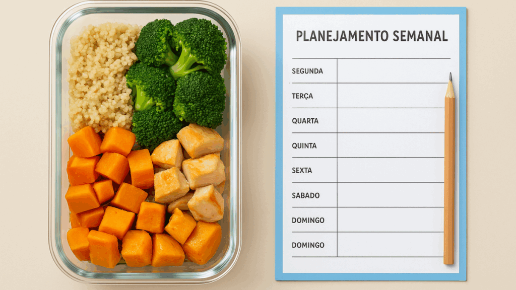 Marmita saudável com frango, brócolis, abóbora e quinoa ao lado de um planejamento semanal escrito em português — organização visual para refeições de uma panela só.