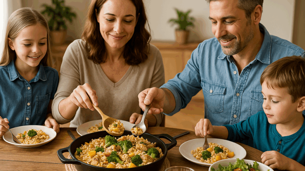 Família feliz servindo arroz com frango e vegetais diretamente de uma panela única — representação acolhedora e emocional de refeições de uma panela só compartilhadas em família.