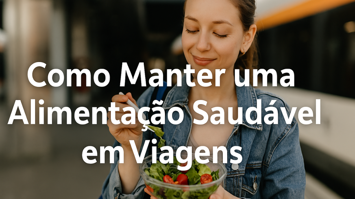 Mulher jovem comendo salada em uma estação de trem, representando alimentação saudável em viagens.