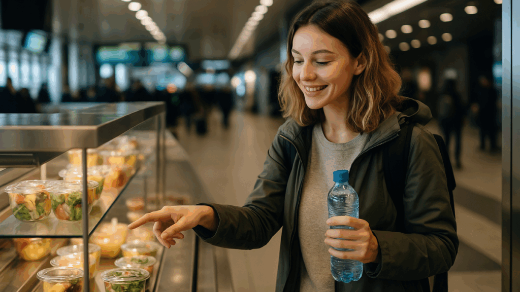 Mulher jovem escolhendo salada saudável em aeroporto, representando alimentação saudável em viagens.