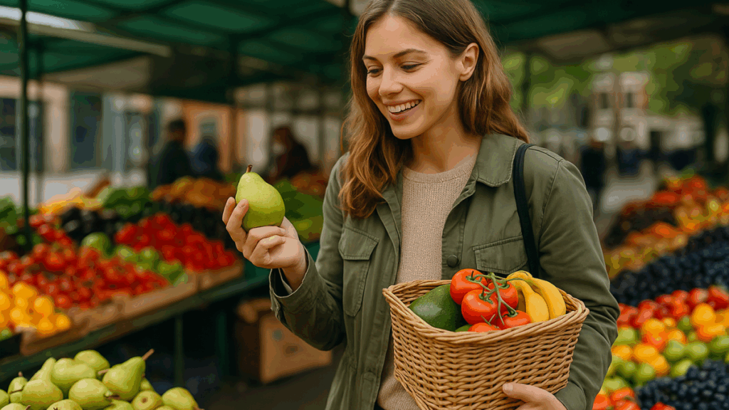 Mulher segurando cesta de frutas e legumes em feira livre, simbolizando alimentação saudável em viagens.