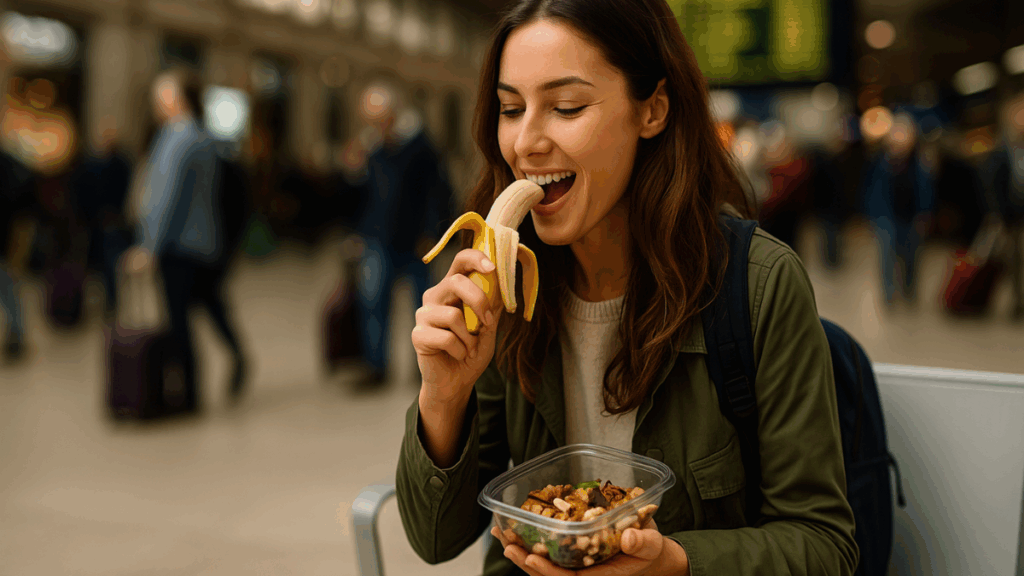 Mulher comendo banana em terminal de transporte enquanto segura pote com castanhas, simbolizando alimentação saudável em viagens.