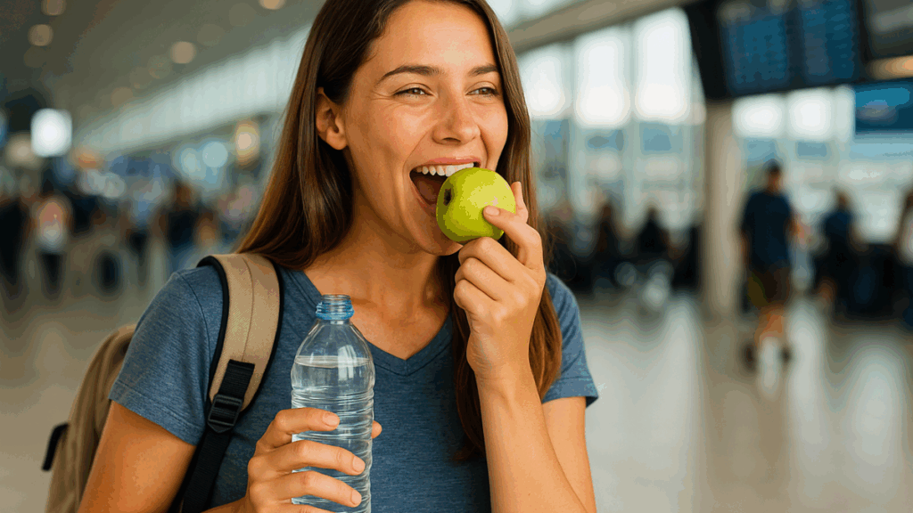 Mulher viajante comendo uma pera enquanto segura uma lancheira com frutas e castanhas, representando alimentação saudável em viagens.