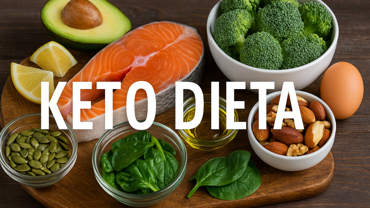 Ingredientes saudáveis da dieta keto, incluindo salmão, abacate, brócolis, sementes, oleaginosas e folhas verdes sobre uma mesa de madeira