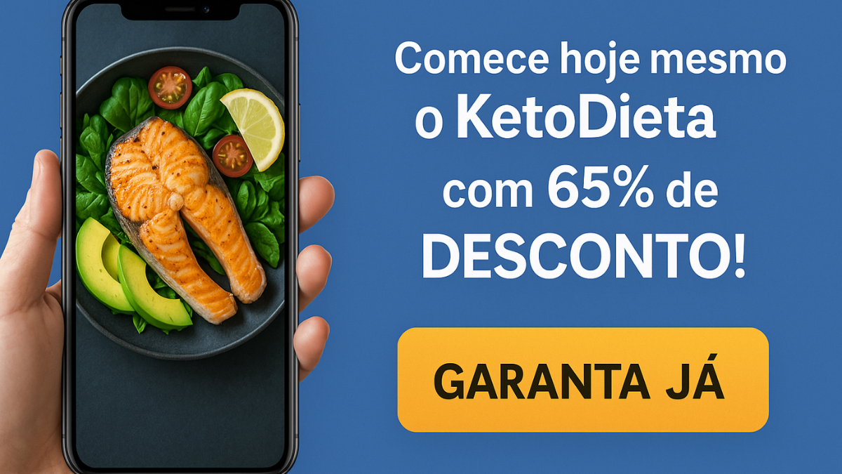 Promoção do KetoDieta com 65% de desconto exibida na tela de um celular, ao lado do botão “Garanta Já” em destaque