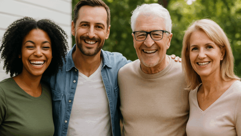 Grupo diverso de pessoas sorrindo juntas ao ar livre, representando satisfação e bem-estar após transformação com o KetoDieta