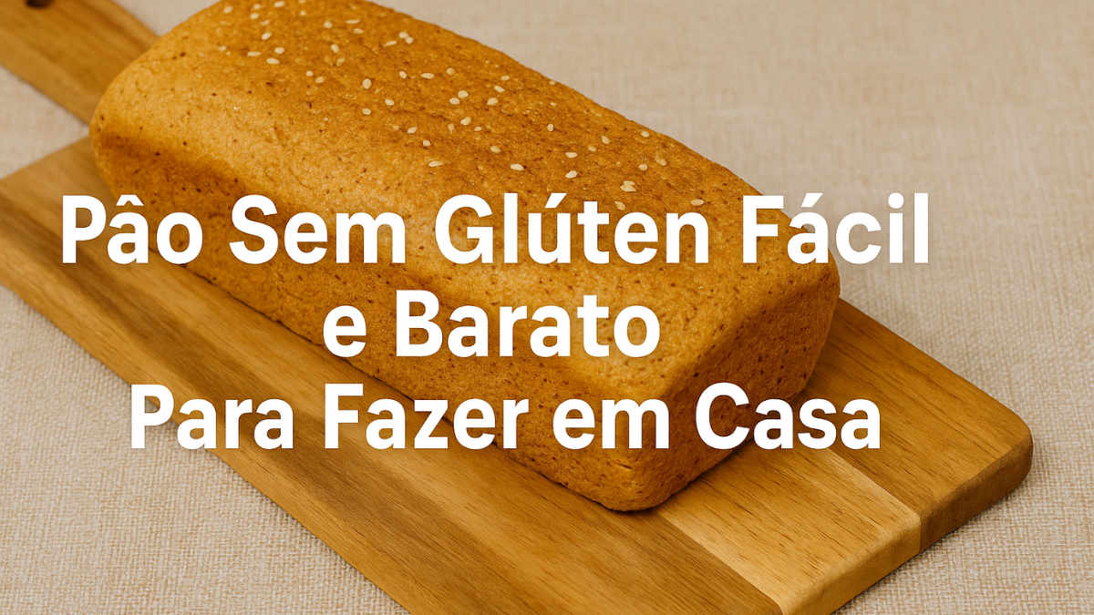 Pão sem glúten fácil sobre tábua de madeira, com casca dourada e sementes por cima, ideal para dietas sem trigo.