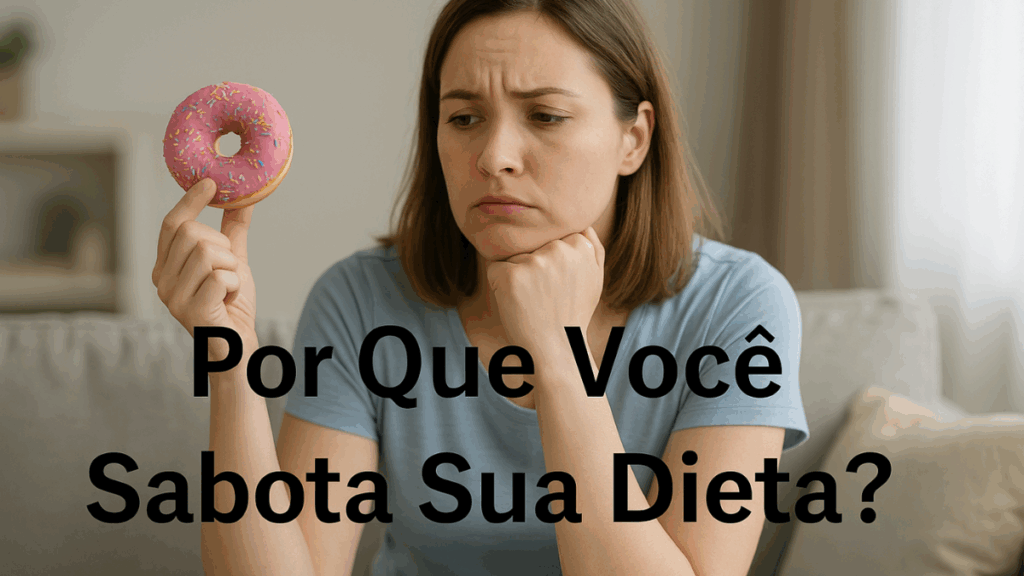 Mulher pensativa segurando um donut rosa, representando o dilema da autossabotagem na dieta