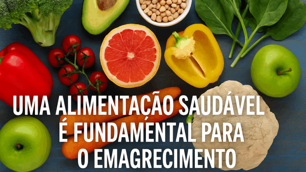 Seleção colorida de frutas e vegetais frescos sobre superfície de madeira azul, simbolizando uma alimentação saudável essencial para o emagrecimento.