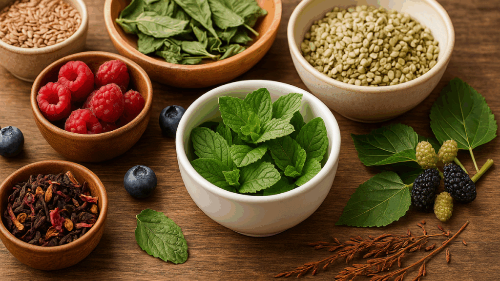 Diversos ingredientes naturais para chá detox organizados sobre superfície de madeira escura.