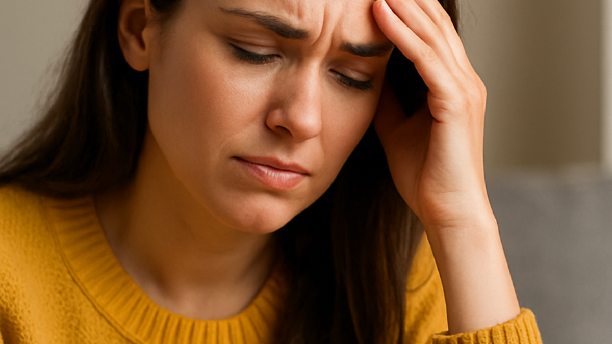 Mulher jovem com expressão de frustração segurando a cabeça, simbolizando o impacto emocional causado pela dificuldade em emagrecer.