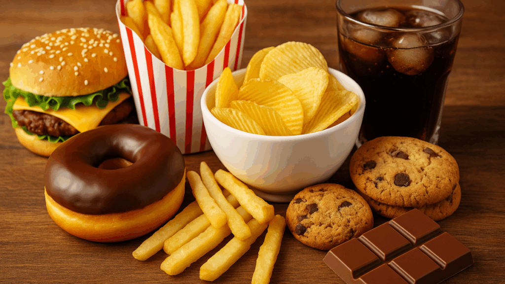 Mesa com refrigerante, hambúrguer, batata frita, chips, chocolate, cookies e donut coberto de chocolate.